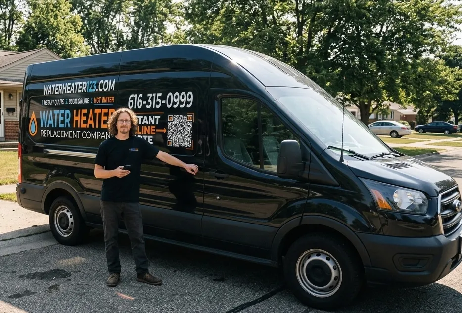 Water Heater Replacement Company technician standing next to service van in West Michigan